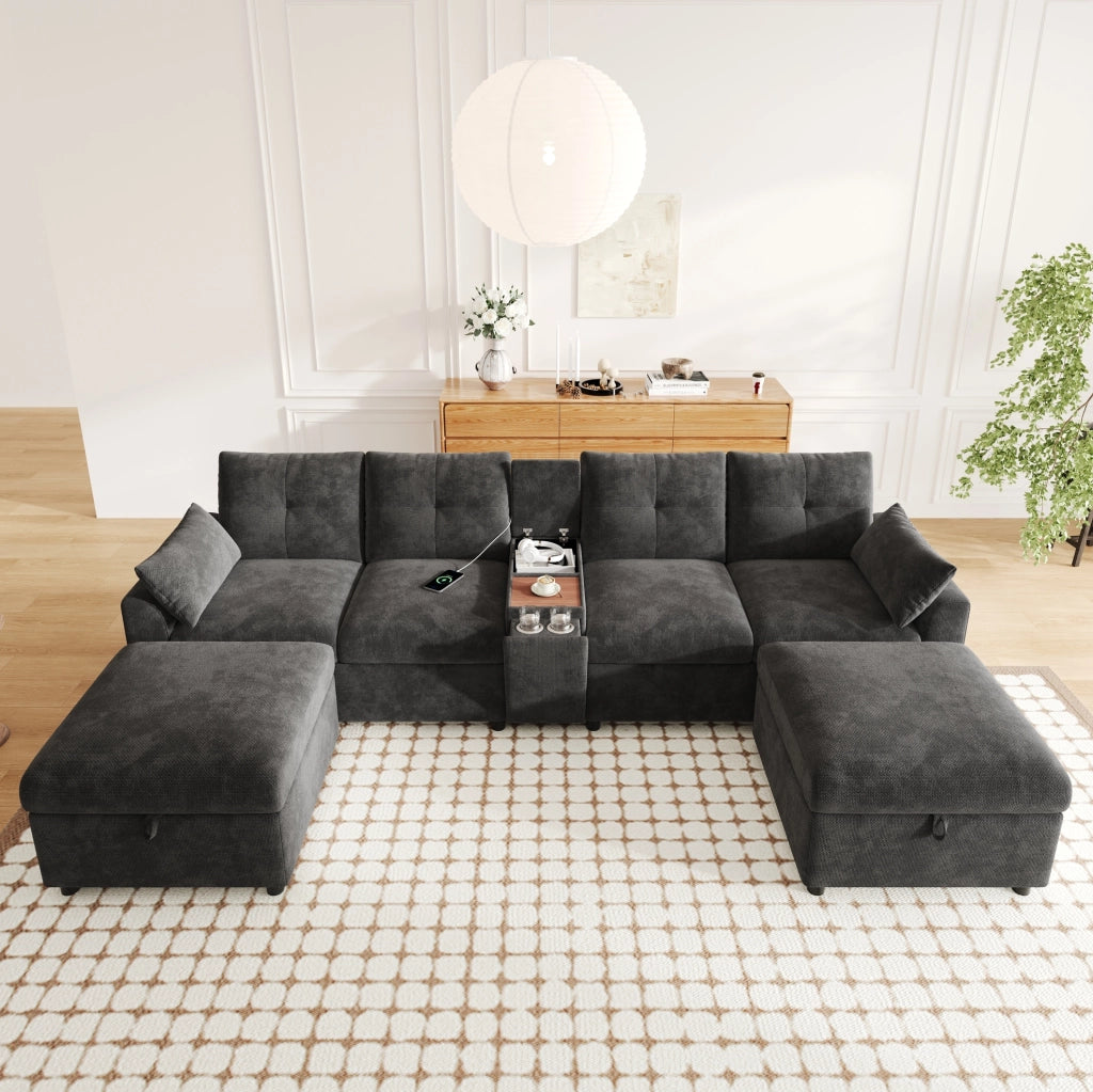 Divano angolare modulare 6 posti in chenille grigio con console centrale; USB e Type-C