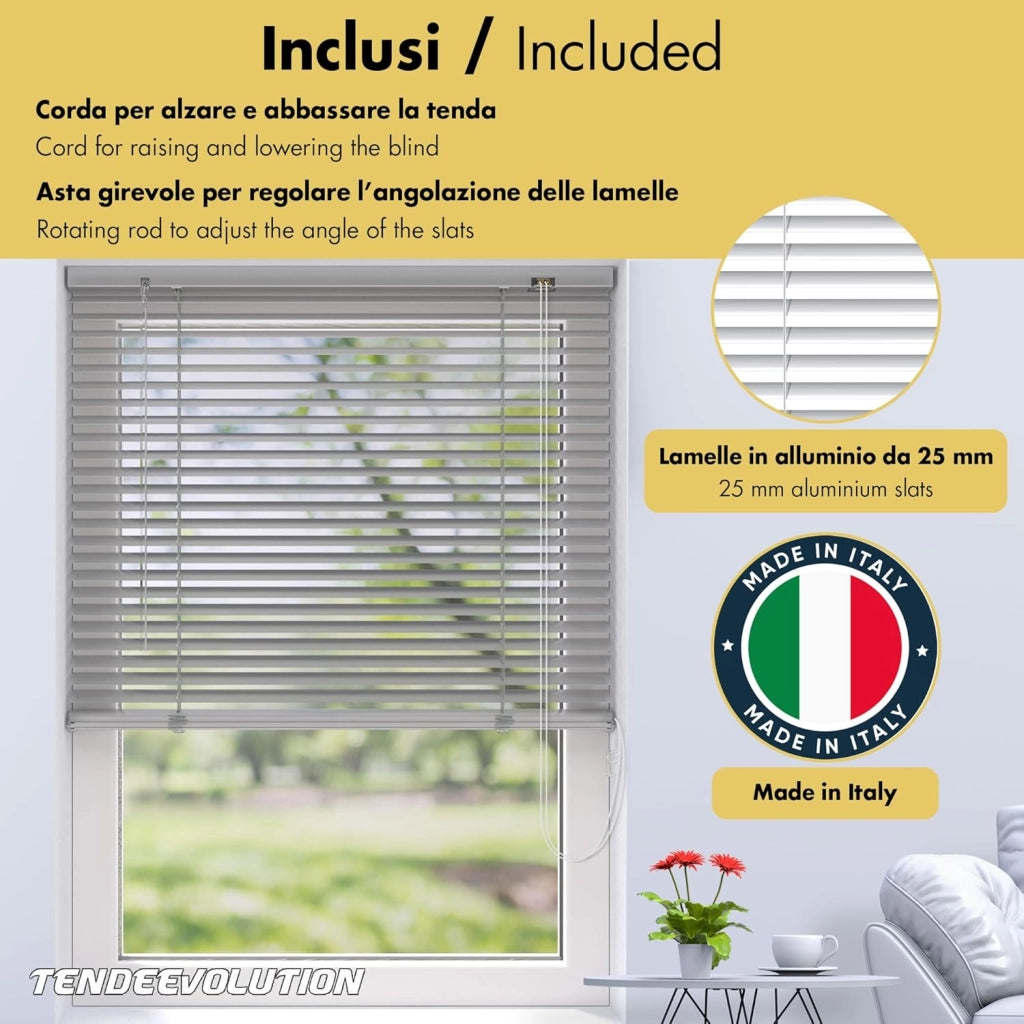 Tenda Veneziana Su Misura in Alluminio, Lamella da 25mm - Larghezza 0,60 x Altezza 2,50, Col. Nero 0049, Comando e Orientamento a Destra