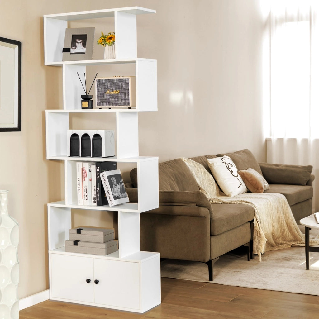 Libreria a forma di S a 5 livelli con ante, Scaffale decorativo in legno per il soggiorno l'ufficio Bianco