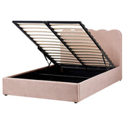 Letto in tessuto rosa pastello 140 x 200 cm contenitore elevabile con testiera e rete a doghe