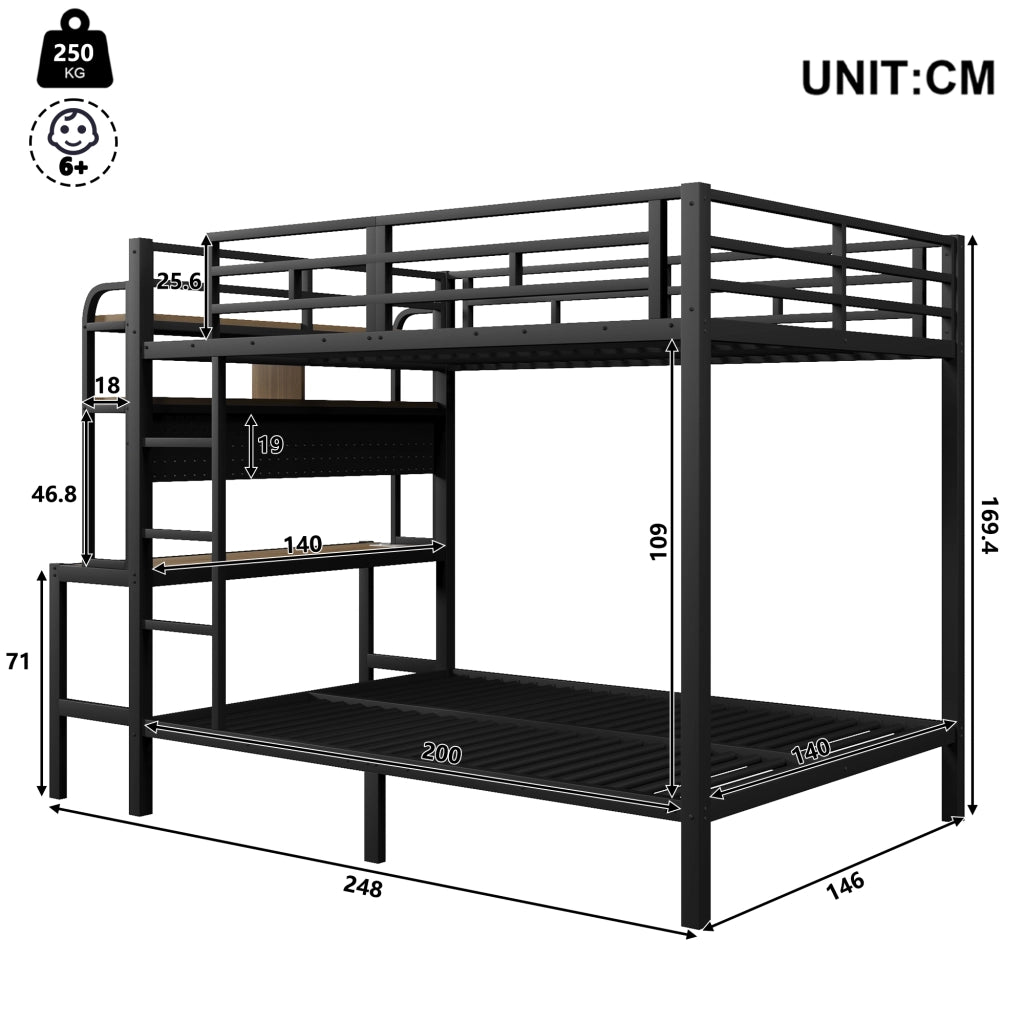 LETTO a castello 140x200 cm metallo nero con scrivania, LED e USB