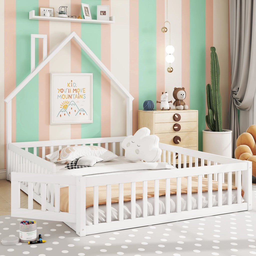 LETTO per bambini 140x200 cm con sponde di sicurezza, pino e MDF bianco