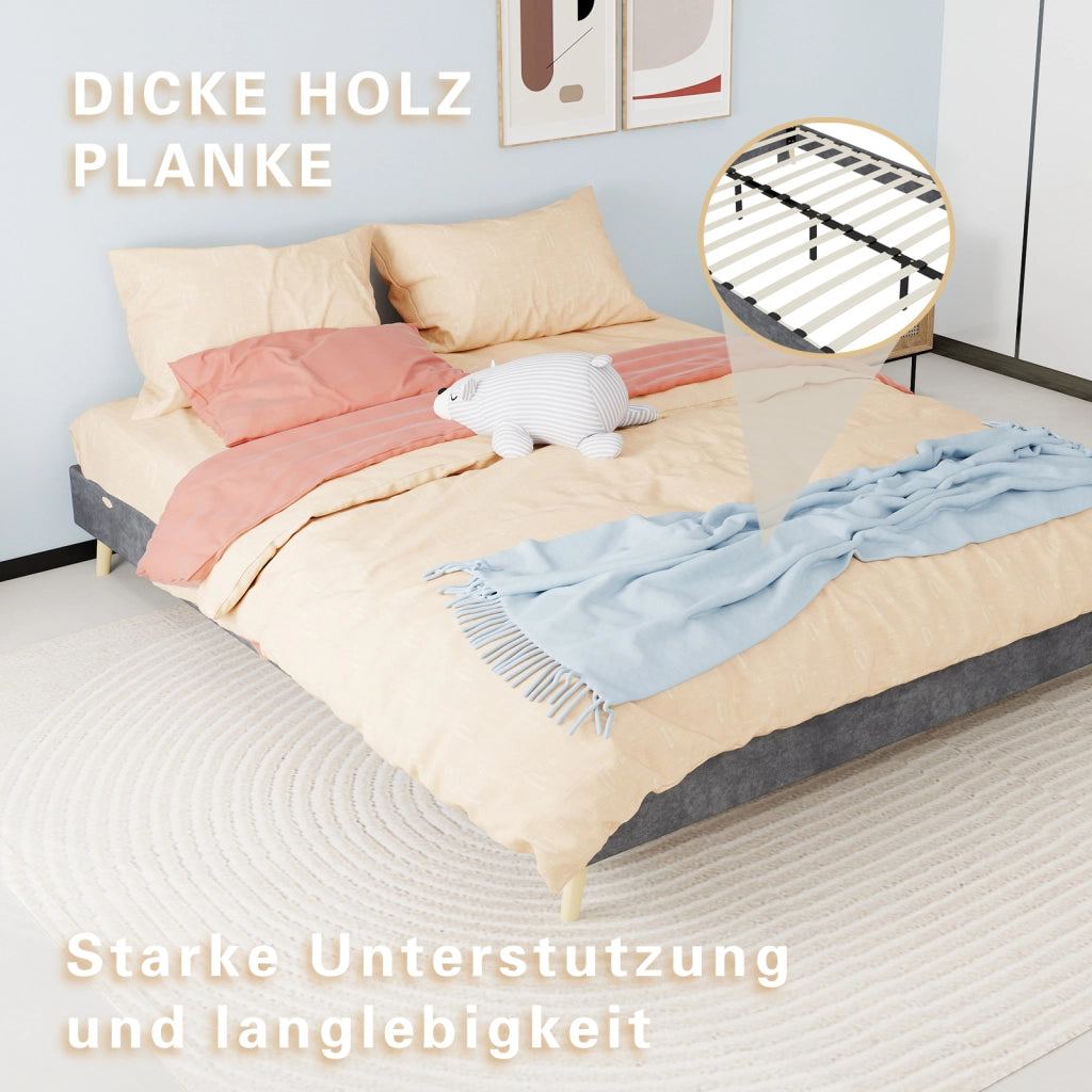 DESMIU Letto matrimoniale 160 × 200 cm 2 posti in velluto olandese, con spazio di stoccaggio, senza materasso, grigio