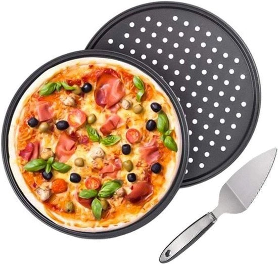 Set di cottura per pizza 2 pezzi con superficie non aderente, adatto per pizza croccante con fori - Incluso spatola per pizza - Set di accessori per cucina pratica