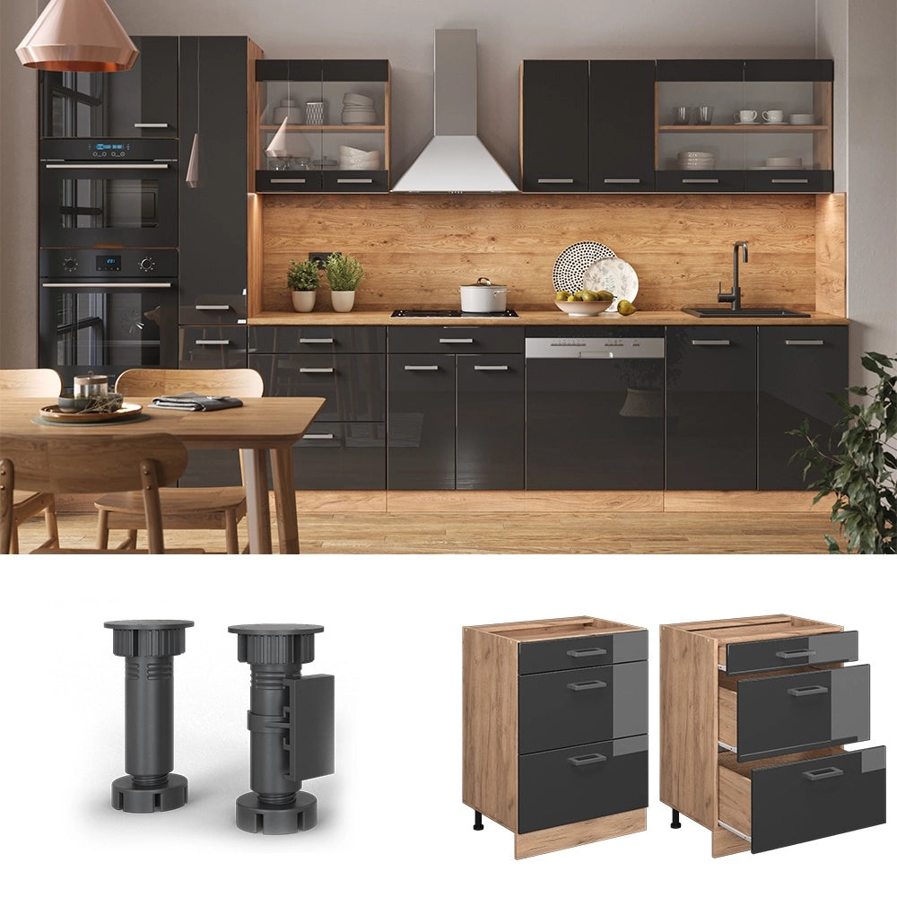 Mobiletto base per cucina R-Line Antracite lucido/Rovere dorato 60 cm PL Marmo Vicco