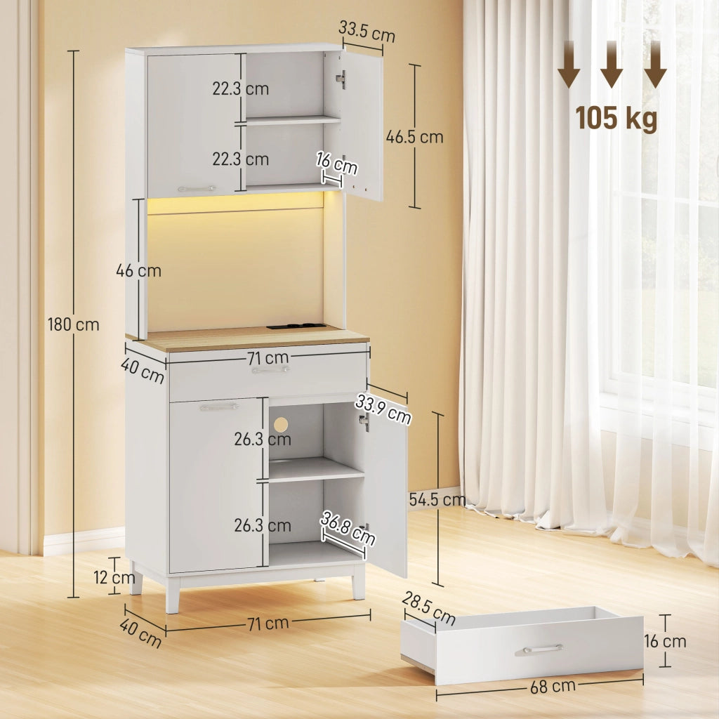 Credenza Moderna 71x40x180 cm con Luci LED Prese Elettriche e USB 2 Armadietti e Cassetto Bianco