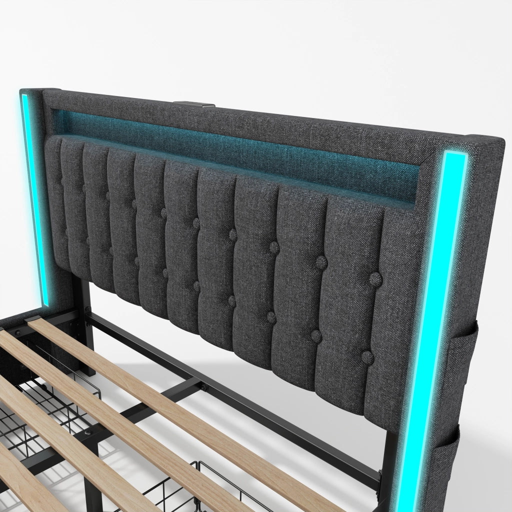 DESMIU Lit Con Cassetti 140 × 200 cm 2 posti, USB Type-C, LED, 4 cassetti, con materasso, in lino, grigio