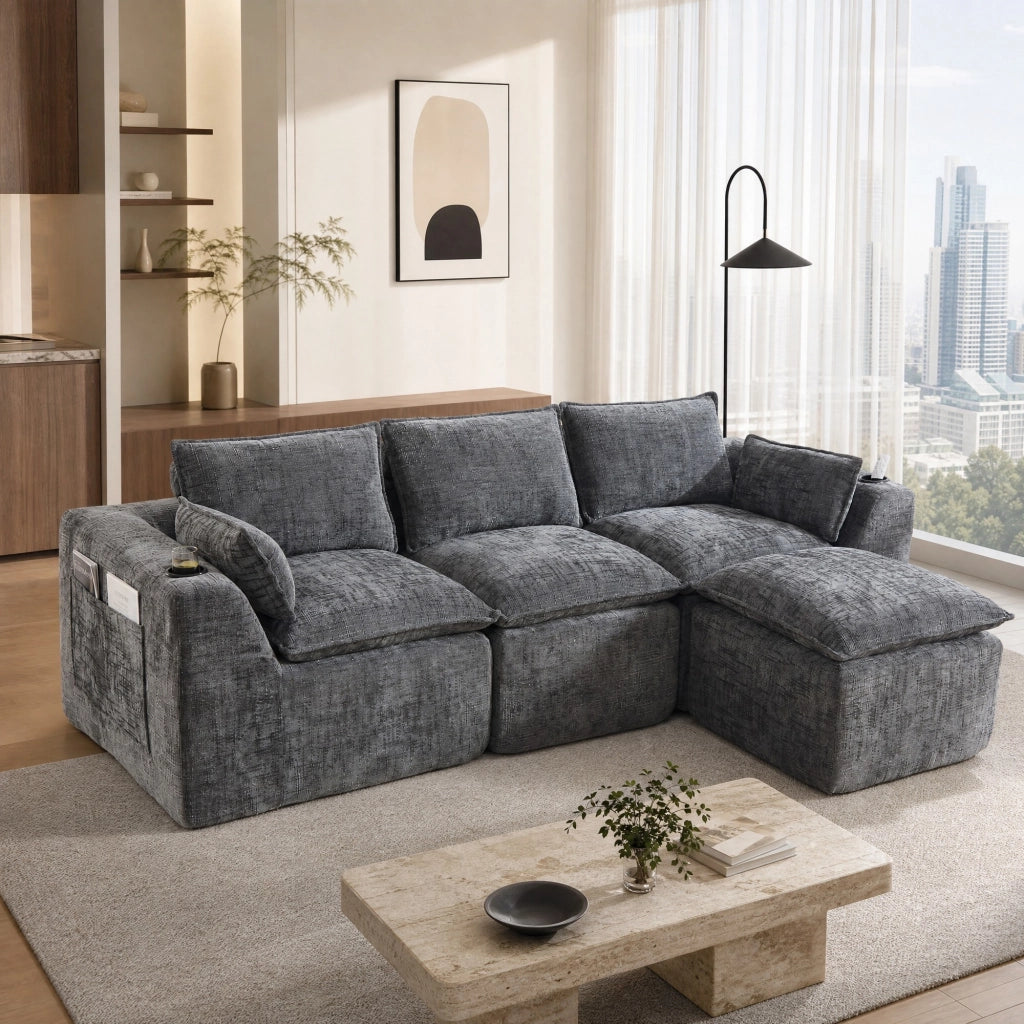 Divano modulare 3 posti con pouf; tasche laterali e cuscini; in chenille grigio scuro 256x161x75 cm