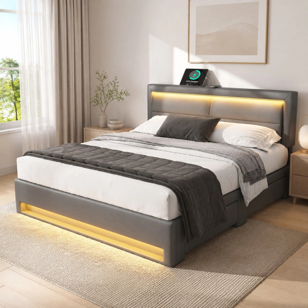 LETTO imbottito 140x200 cm PU grigio con USB, LED e 4 cassetti