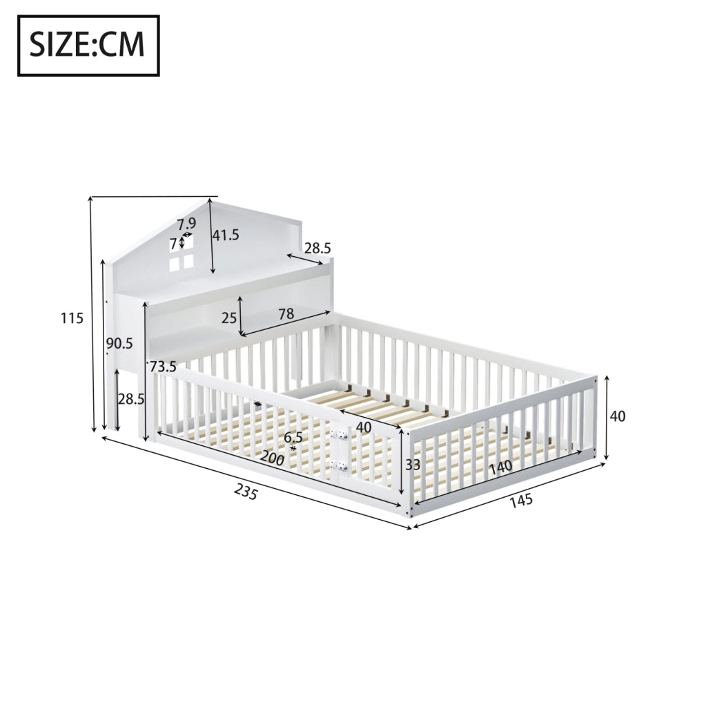 Letto per bambini in legno massiccio con design a casetta e contenitori integrati