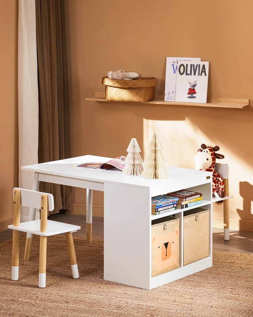 SoBuy Tavolo per bambini con 2 sgabelli Set mobili per bambini Tavolo con spazio di archiviazione Bianco 90x60x53cm KMB113-W
