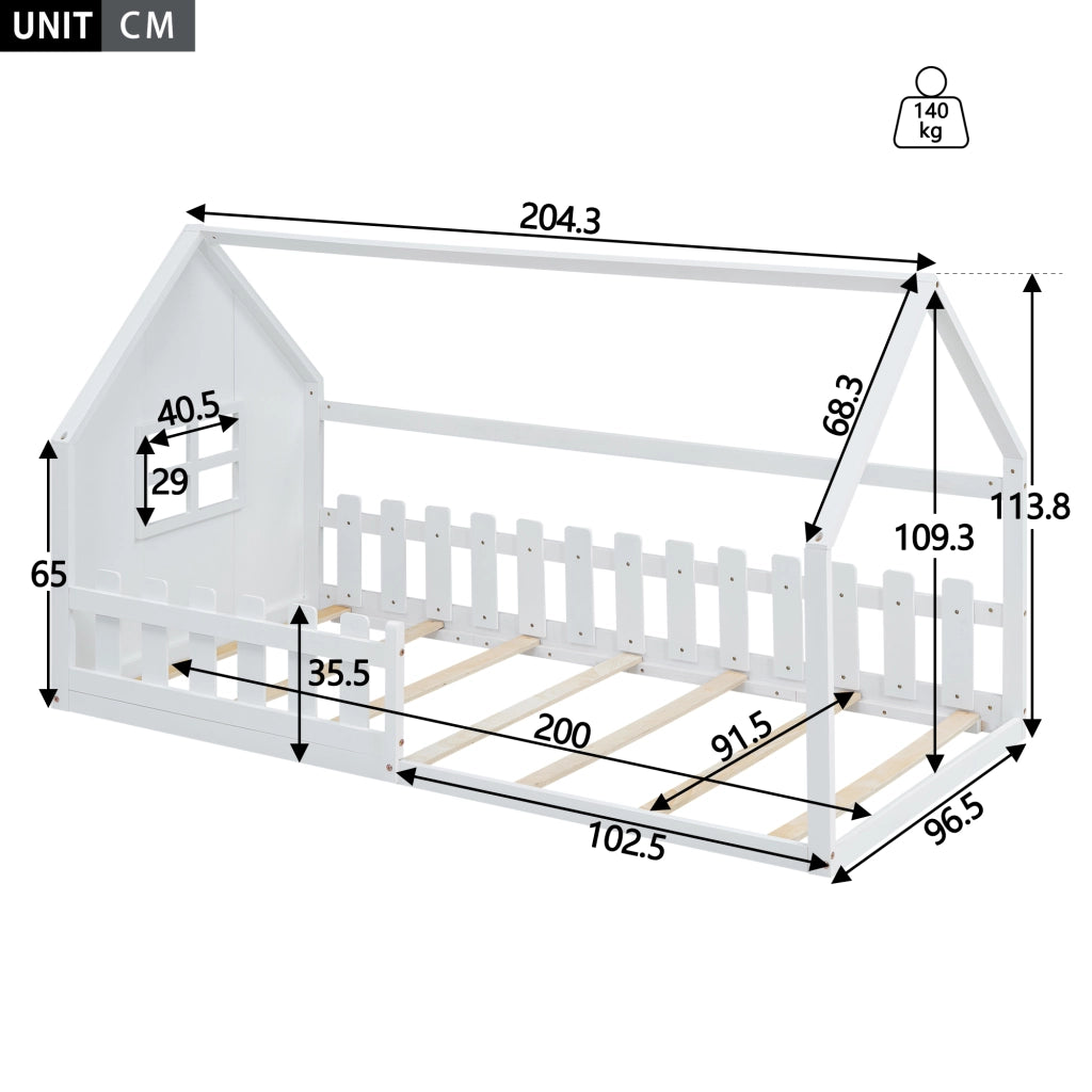 Letto per bambini 90x200 cm in pino e MDF, forma casetta, bianco