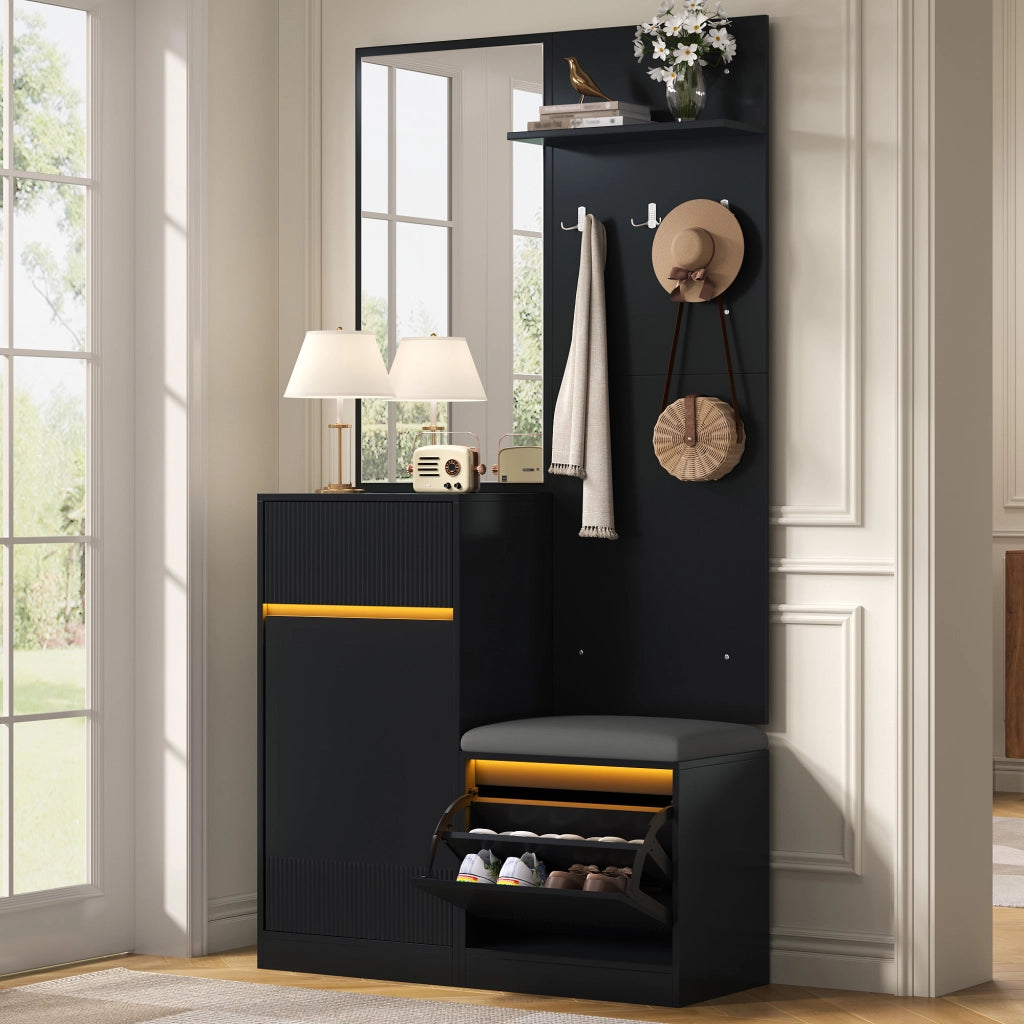 ARMADIO INGRESSO con scarpiera, specchio e LED 105x38x190 cm Nero