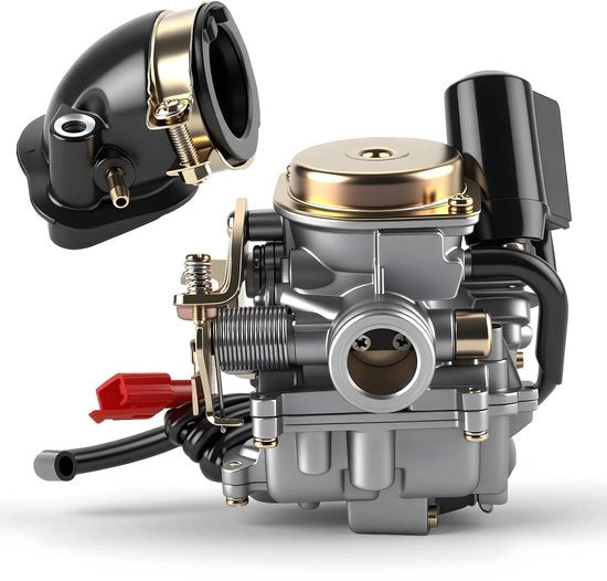 Carburatore 18 mm - E-choke - Connesione di aspirazione 28 mm - Connesione filtro d'aria 40 mm - Adatto per Rex RS 400/450/460 - Incluso kit di aspirazione - Carburatore per scooter