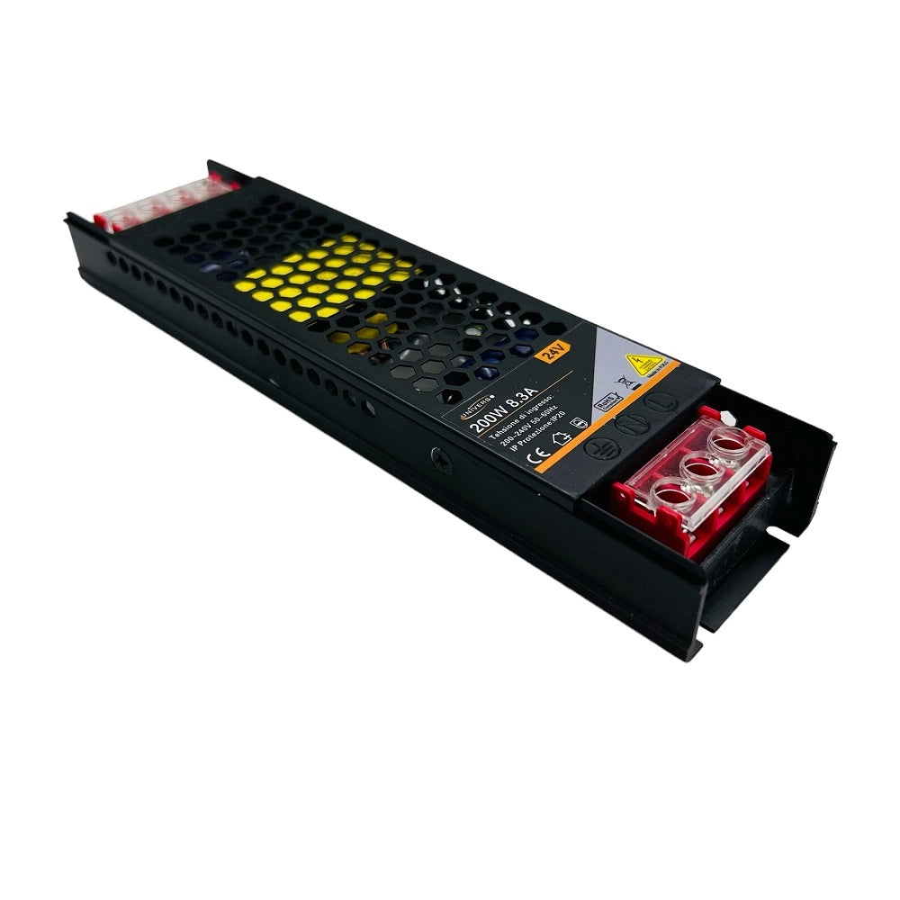 Alimentatore trasformatore slim ultra sottile 24V 8.3A 200W scocca in alluminio colore nero AC 180V - 240V trasformatore per lampadine strisce led telecamere