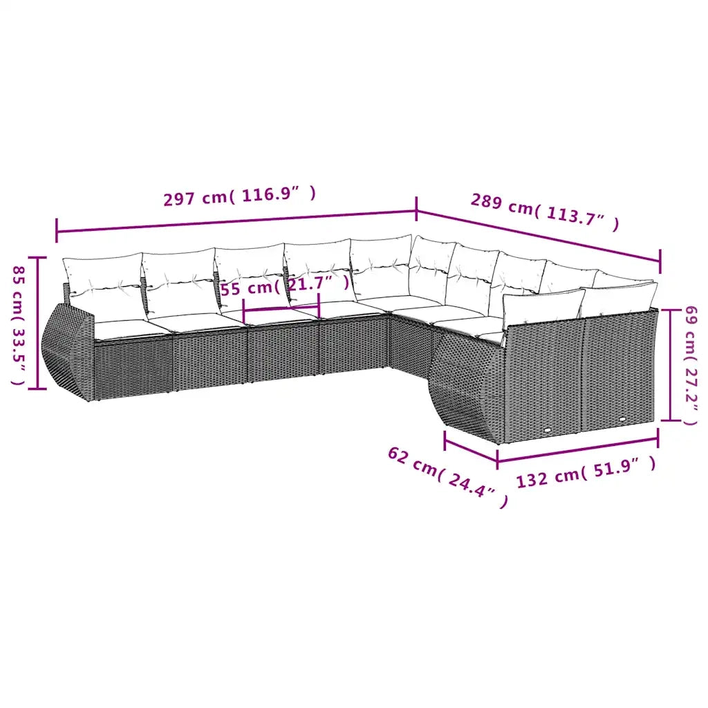 Set Divani da Giardino 10pz con Cuscini in Polyrattan Marrone 3254250
