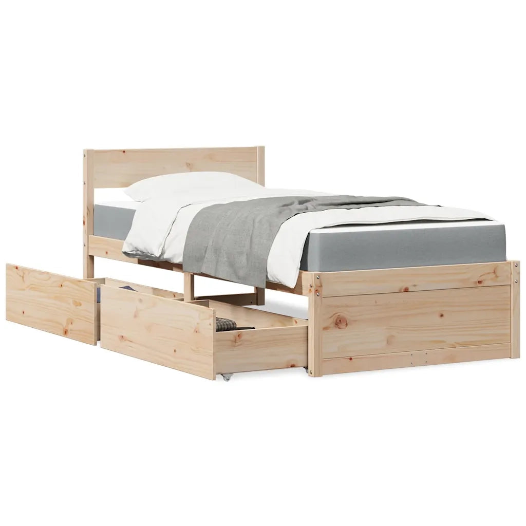 Letto singolo | Letto per adulti | Letto con Cassetti e Materasso 90x200 cm Legno Massello di Pino
