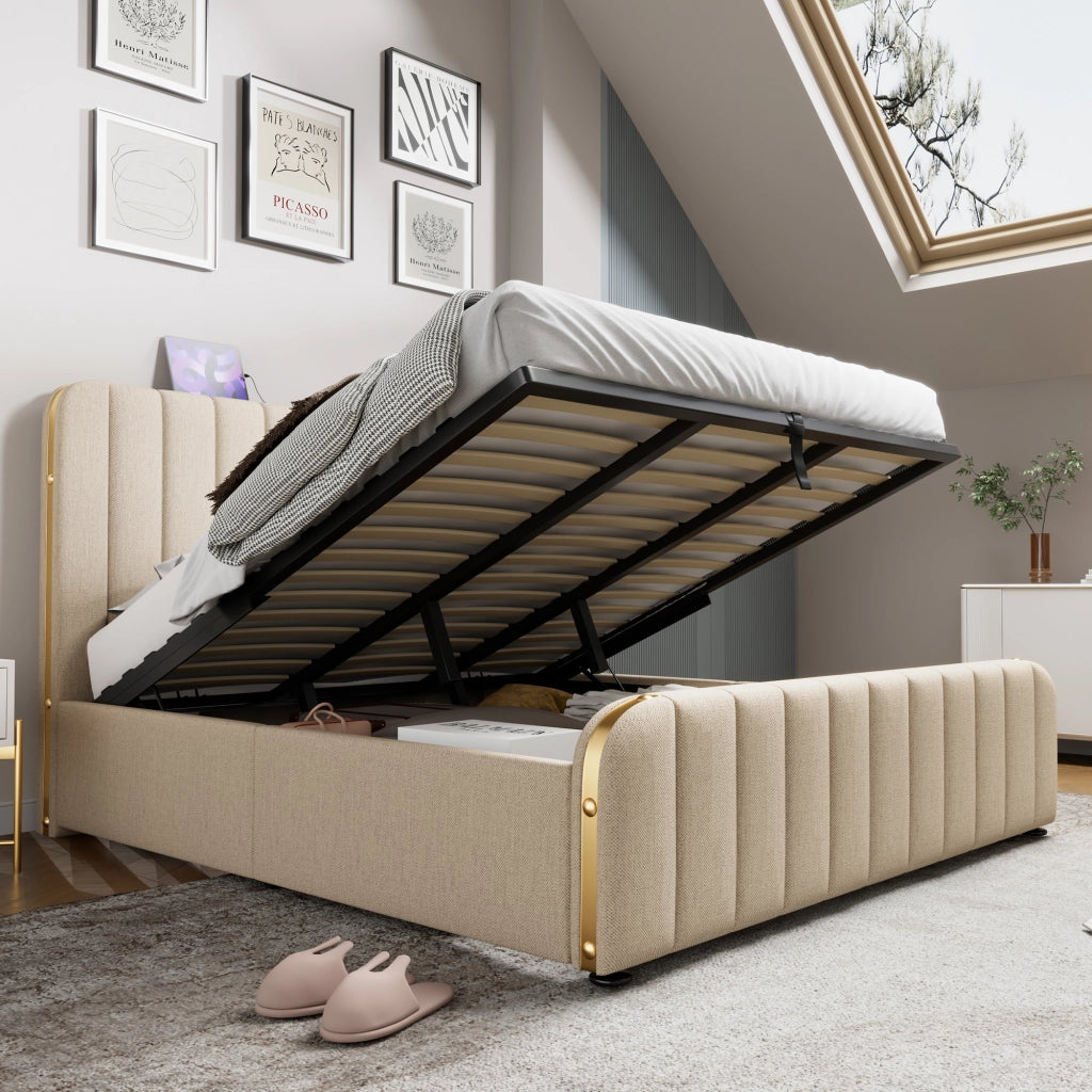 letto imbottito lino beige 180 x 200 cm