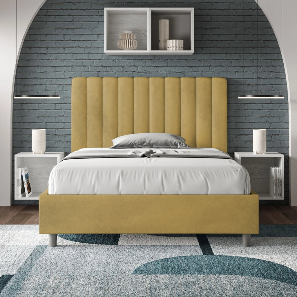 BS COM Letto una piazza e mezza con rete imbottito 120x190 microfibra ocra