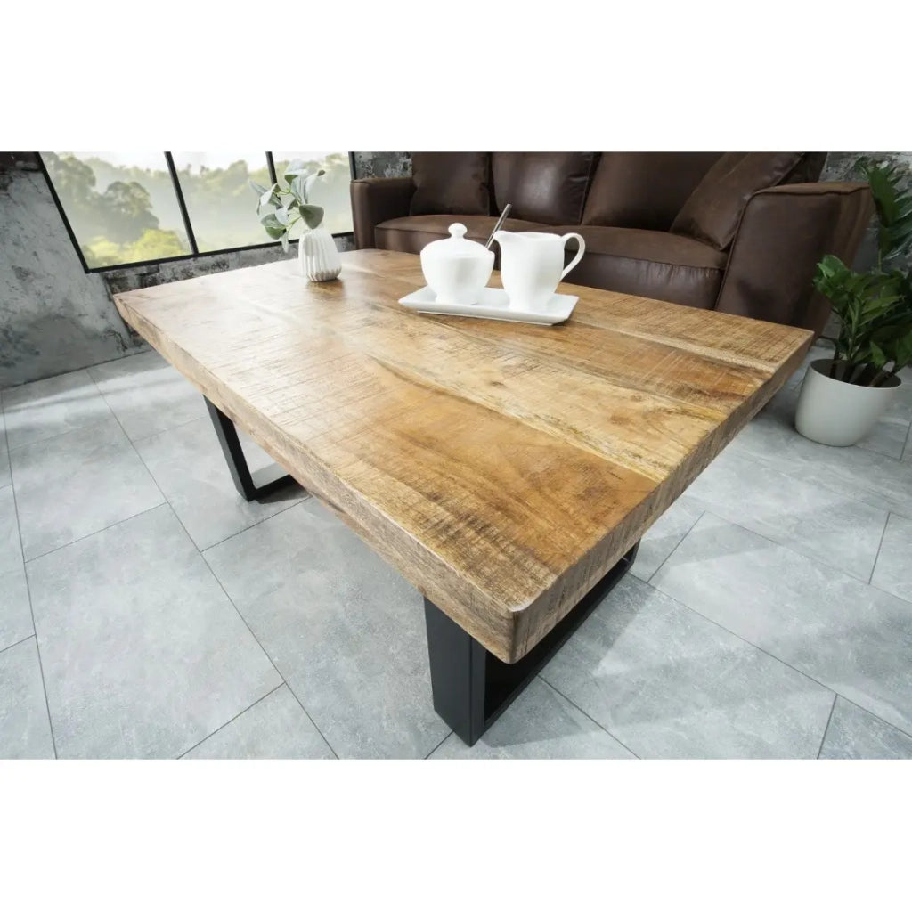 Tavolino basso LODEN 100 cm in legno massiccio di mango e metallo nero - stile industriale
