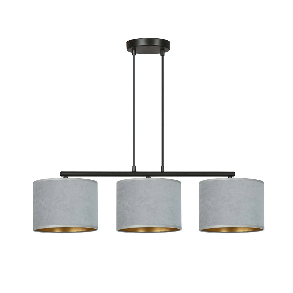 Lampadario 3 Luci Ganesha In Acciaio Nero E Paralumi In Tessuto Grigio