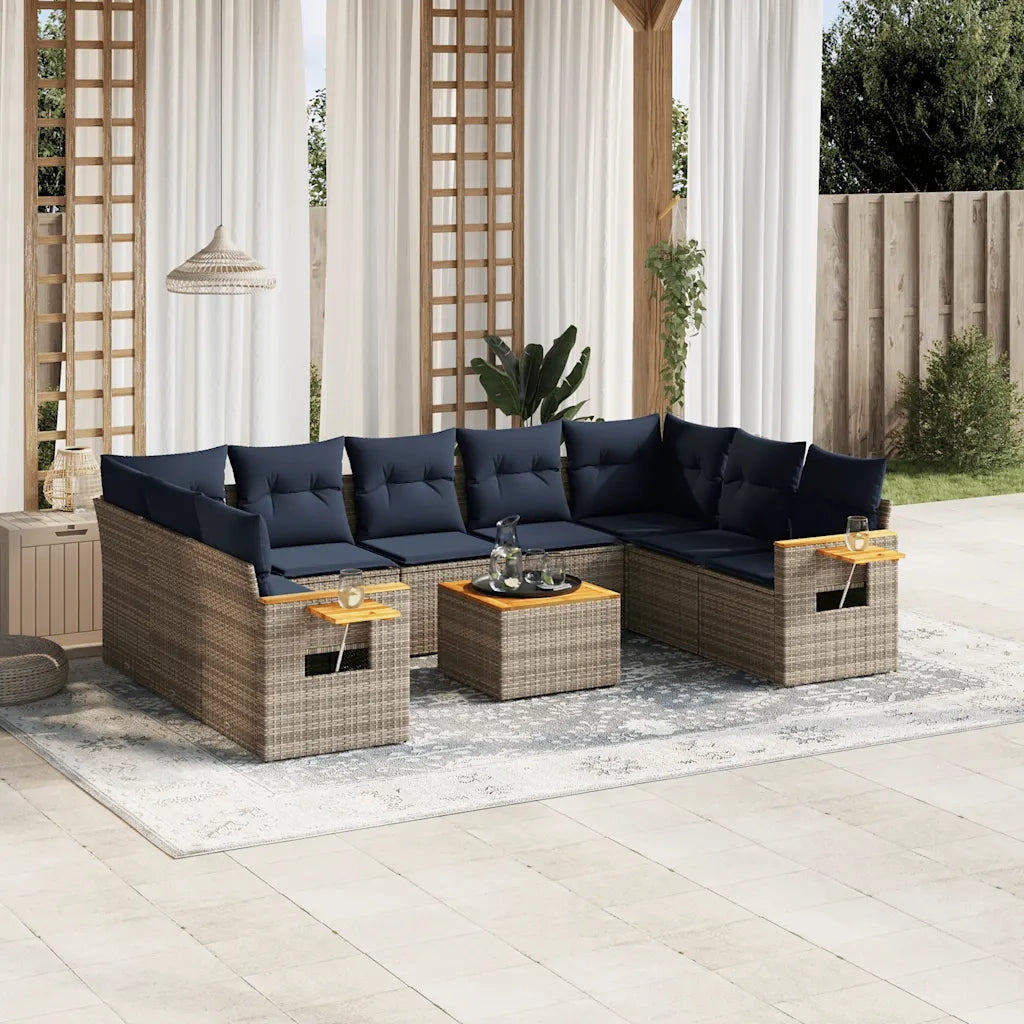 Set Divani da Giardino 10 pz con Cuscini Grigio in Polyrattan
