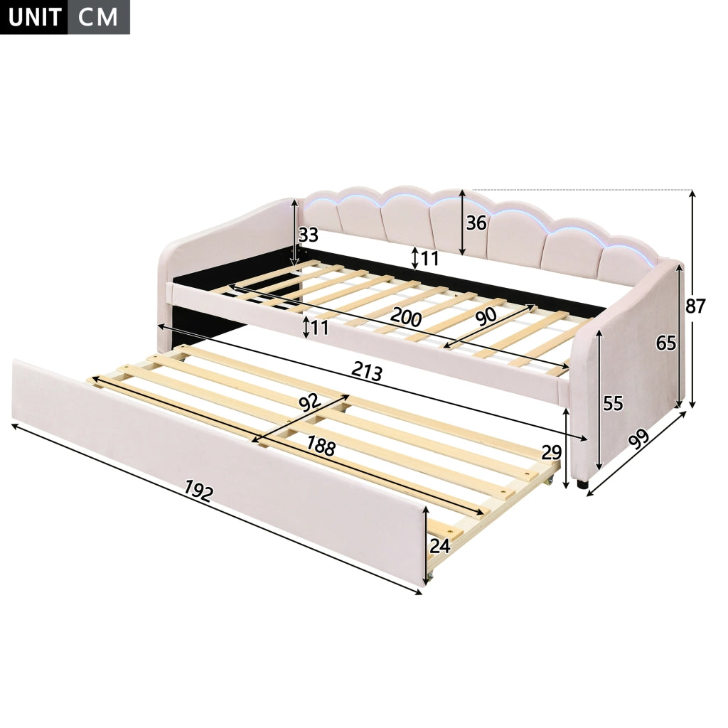 OKWISH Letto a Scomparsa 90×200 cm, Letto Singolo con Letto Estraibile, LED Regolabile e Telecomando, senza Materasso, Velluto, Rosa