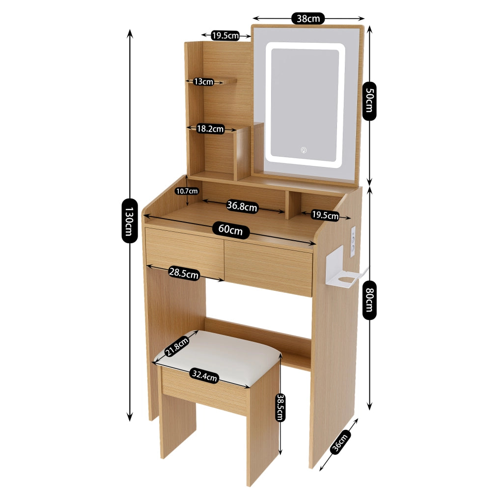 Scrivania Toeletta con Specchio LED e Sgabello Imbottito ¨C MINIMAL ¨C Legno, 60x36x130 cm