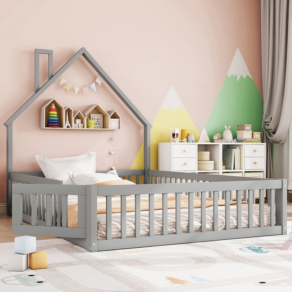 Letto bambino-Xylo-140x190 cm-forma camino, doghe, pino, grigio