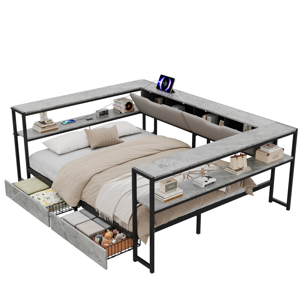 Letto imbottito 140x200 con USB, Type-C, 2 cassetti e vani contenitivi