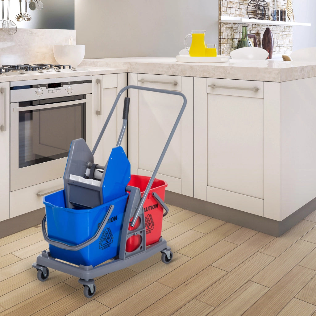 Carrello per pulizia con 2 secchi ¨C zephmum ¨C Blu+Rosso, Metallo+PP, 73x45x92 cm