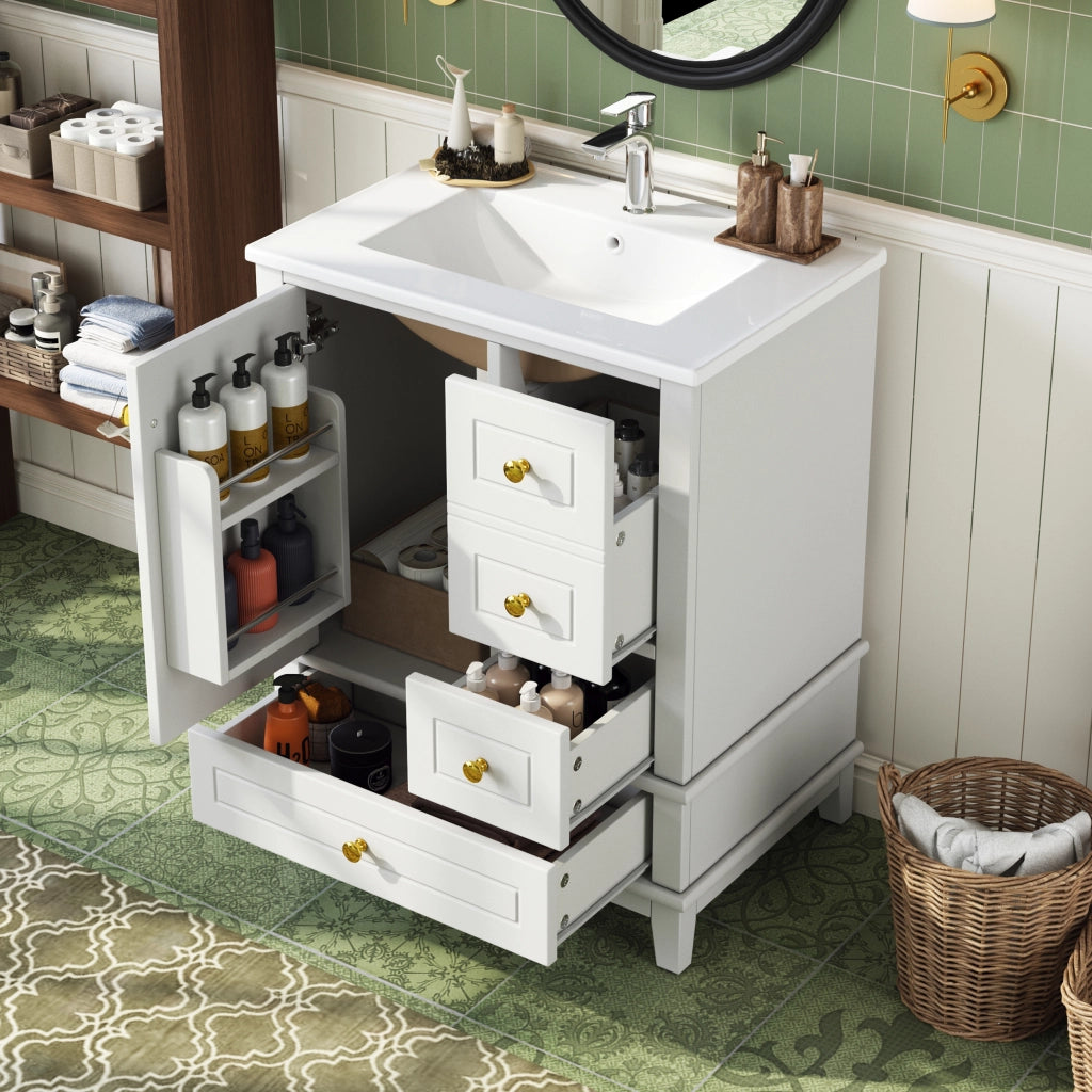 Mobile bagno con lavabo; 3 cassetti e 1 anta soft-close per bagno; in MDF e ceramica; bianco lucido; 61×47×86 cm
