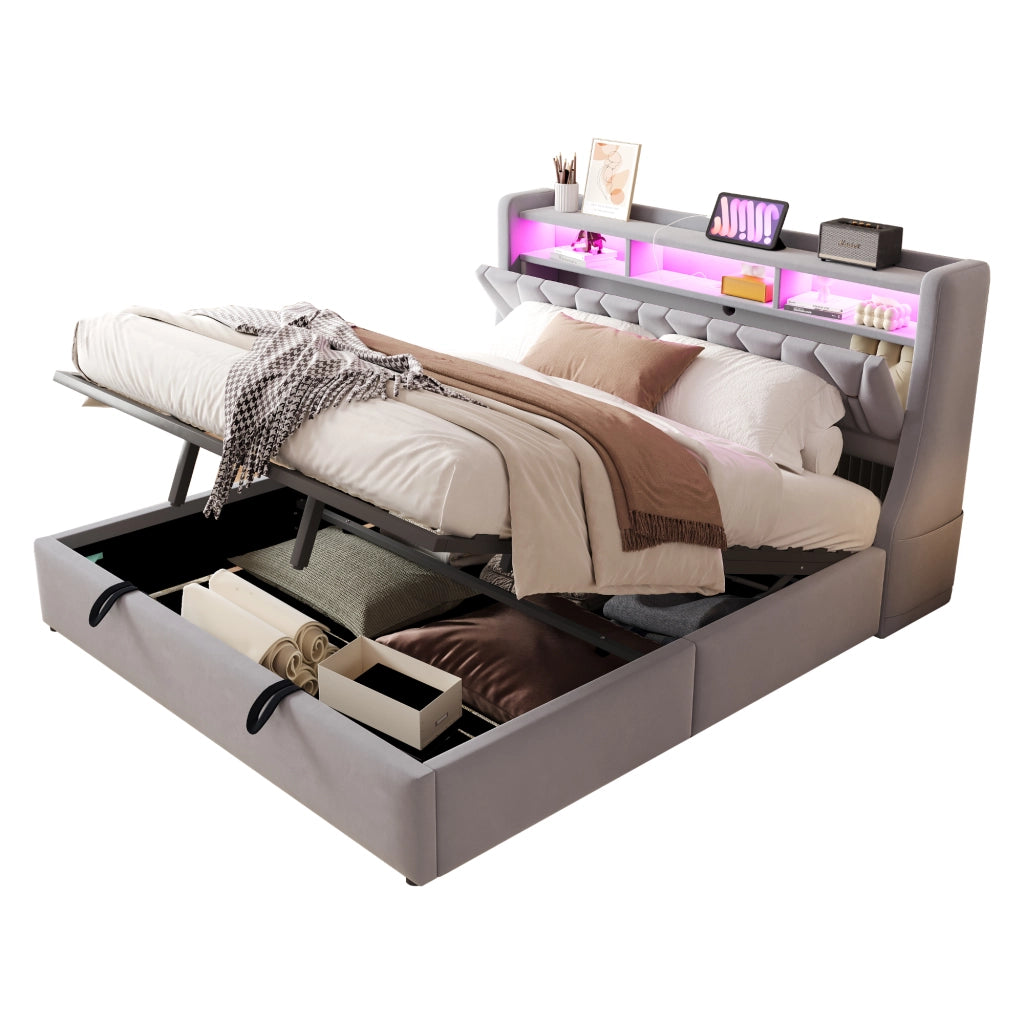 Letto matrimoniale contenitore 180x200 cm con testiera ribaltabile; prese; LED e piedi maggiorati; velluto grigio chiaro