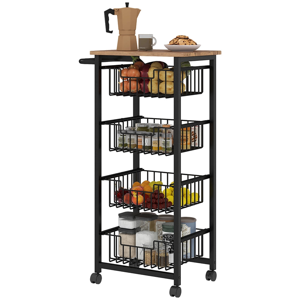 Carrello da Cucina con 4 Cestelli Scorrevoli ¨C Xylo ¨C Struttura in Acciaio 49,5x31x91 cm Rovere