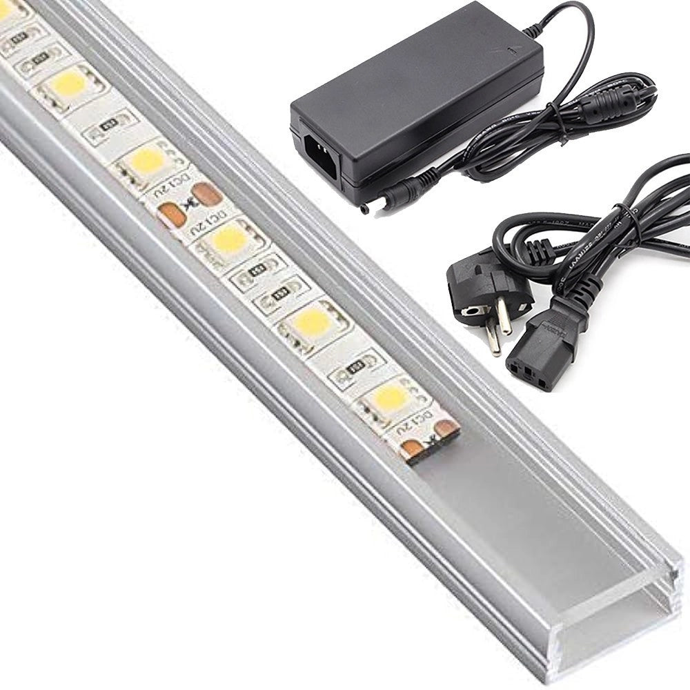 Trade Shop - Profilo Barra Alluminio Impermeabile 1 Metro A 72 Led 18w + Alimentatore Da 5 Ah - -bianco Freddo -smd 5630-copertura Trasparente    -