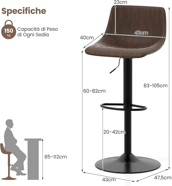 Set di 2 Sgabelli da Bar Moderno, Regolabile e Girevole a 360°, Sgabelli da Cucina con Schienale e Poggiapiedi, Sgabello Struttura in Metallo Stile Vintage da Casa, Marrone Rustico