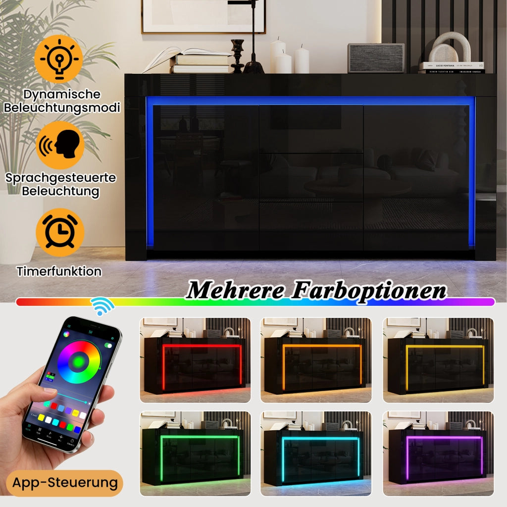 MADIA 140x40x65 cm MDF Nero Lucido con LED 2 Ante e 3 Cassetti