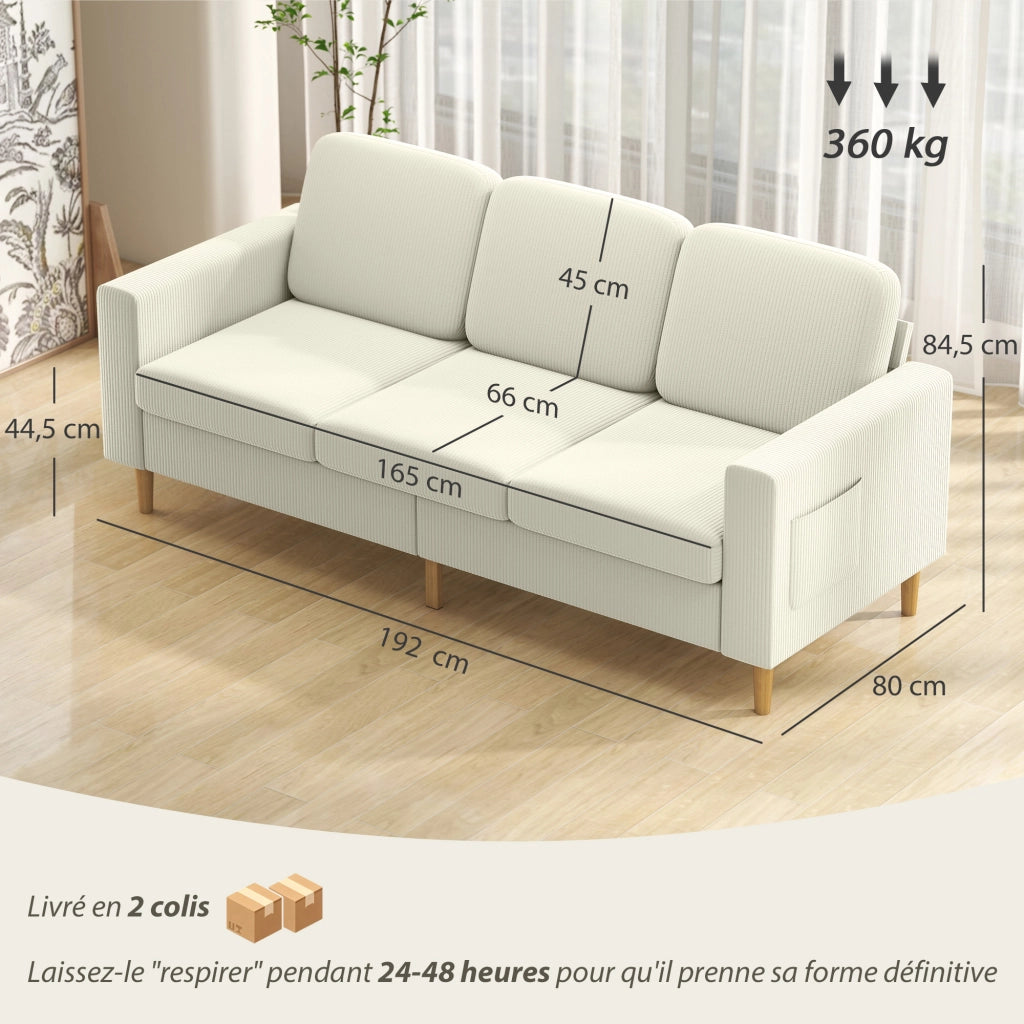 Divano 3 Posti in Velluto ¨C zephmum ¨C Beige 192x80x84.5cm