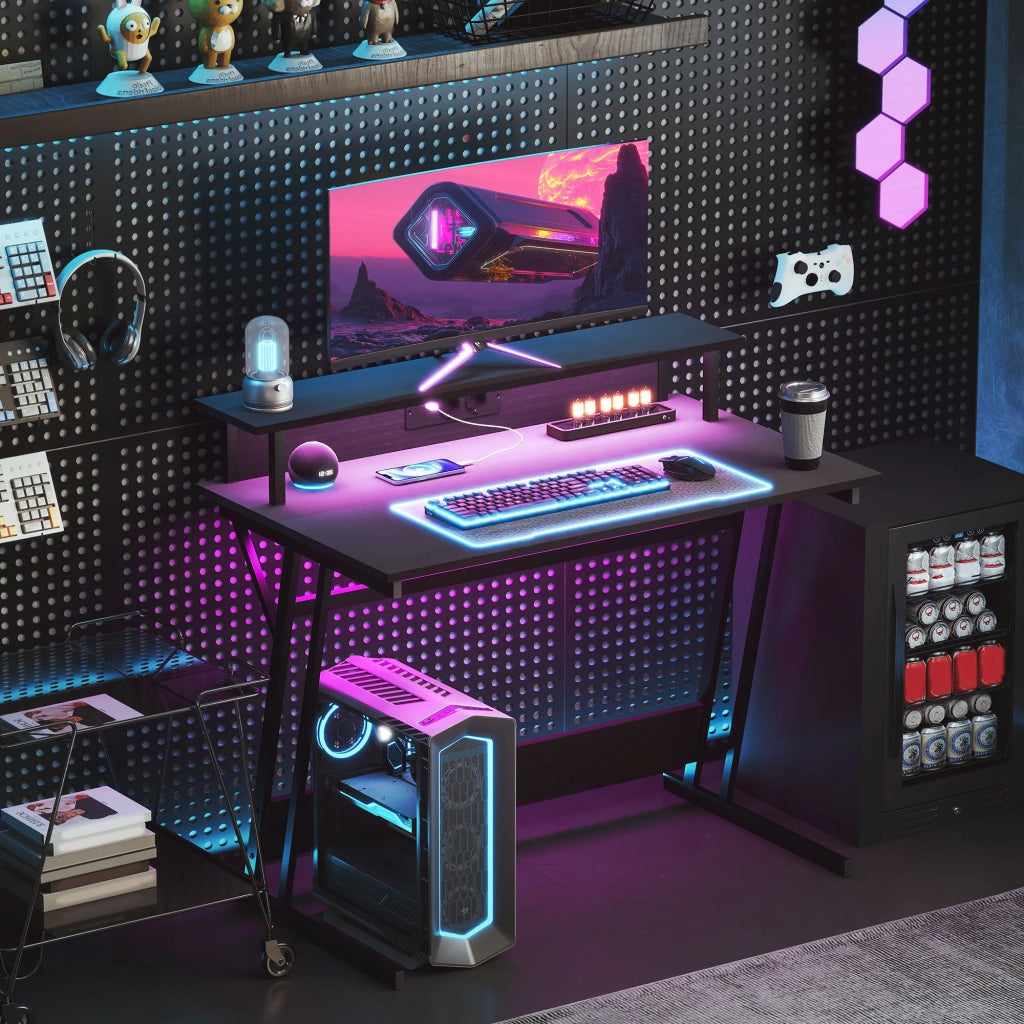 Scrivania Gaming con Supporto Monitor e Luci LED ¨C Minimal ¨C Nero, Truciolato e Acciaio, 100x60x88.5 cm
