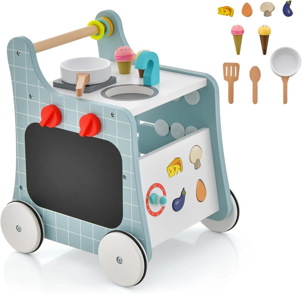 Girello per Bambini 6 in 1, Carrellino Primi Passi per Bmbini in Legno, con Cucina Giocattolo, Gioco Educativo con Ruote per Bambini 12 Mesi + (Blu)