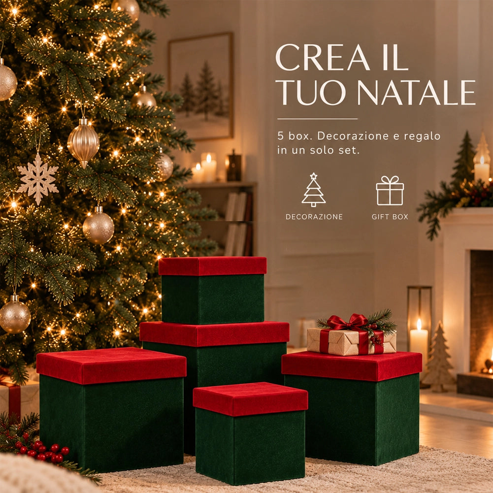 5 Box Regalo Natale Verde e Rosso Diverse Misure Decorazione Addobbo Natalizio