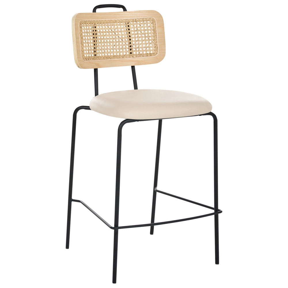 Set di 2 sedie da bar con seduta in ecopelle beige chiaro schienale in rattan gambe in ferro senza braccioli design boho moderno