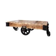 Tavolino basso RAIL industriale su ruote 110 cm – Legno di mango massiccio e metallo