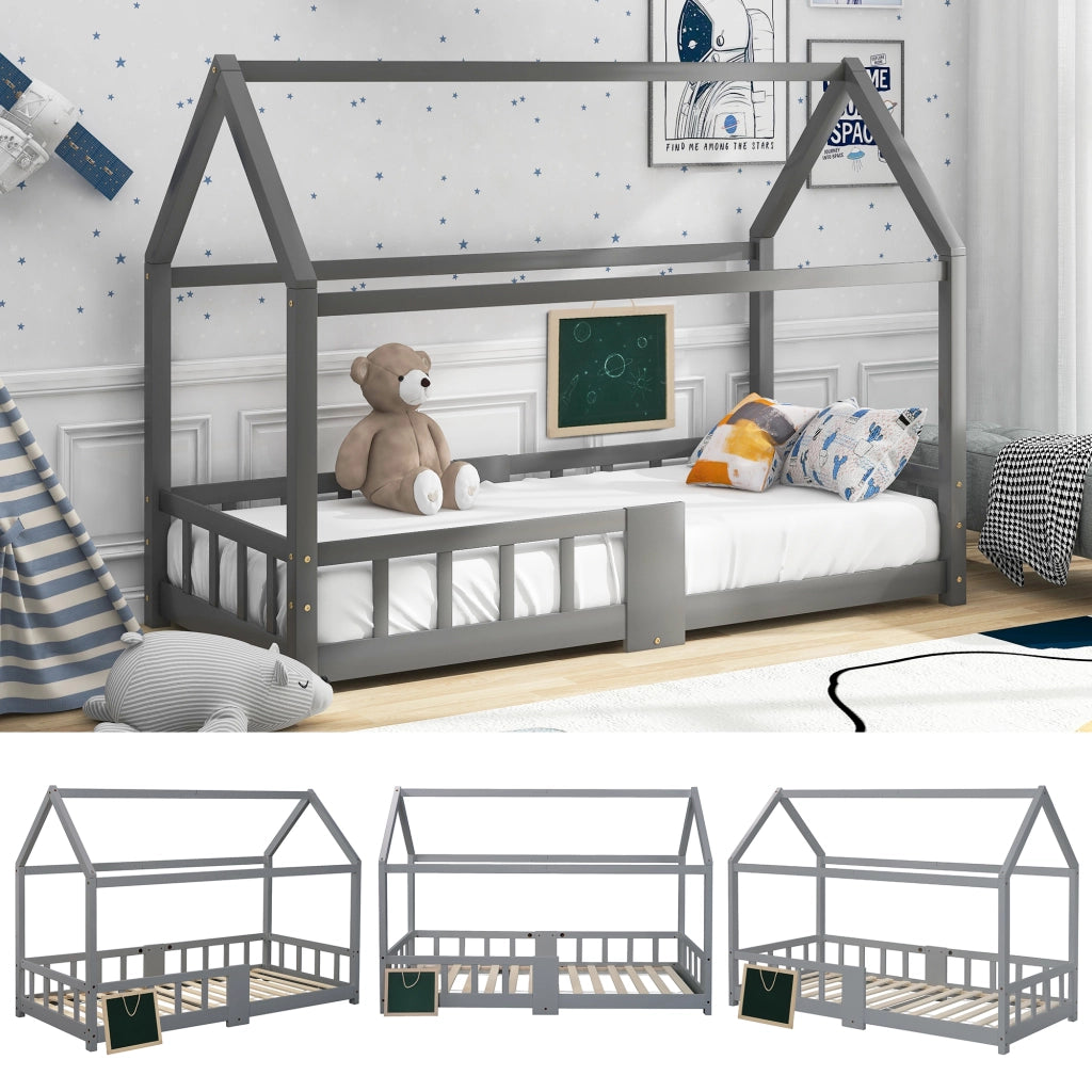 Letto a casetta per bambini 90 x 200 cm, letto in legno per cameretta con lavagna, rete a doghe e sponda di sicurezza, in legno di pino, grigio (senza