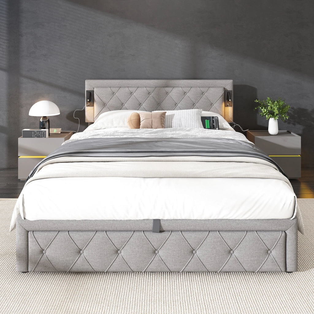 LETTO imbottito 160x200 cm in lino grigio con downlight e porte USB