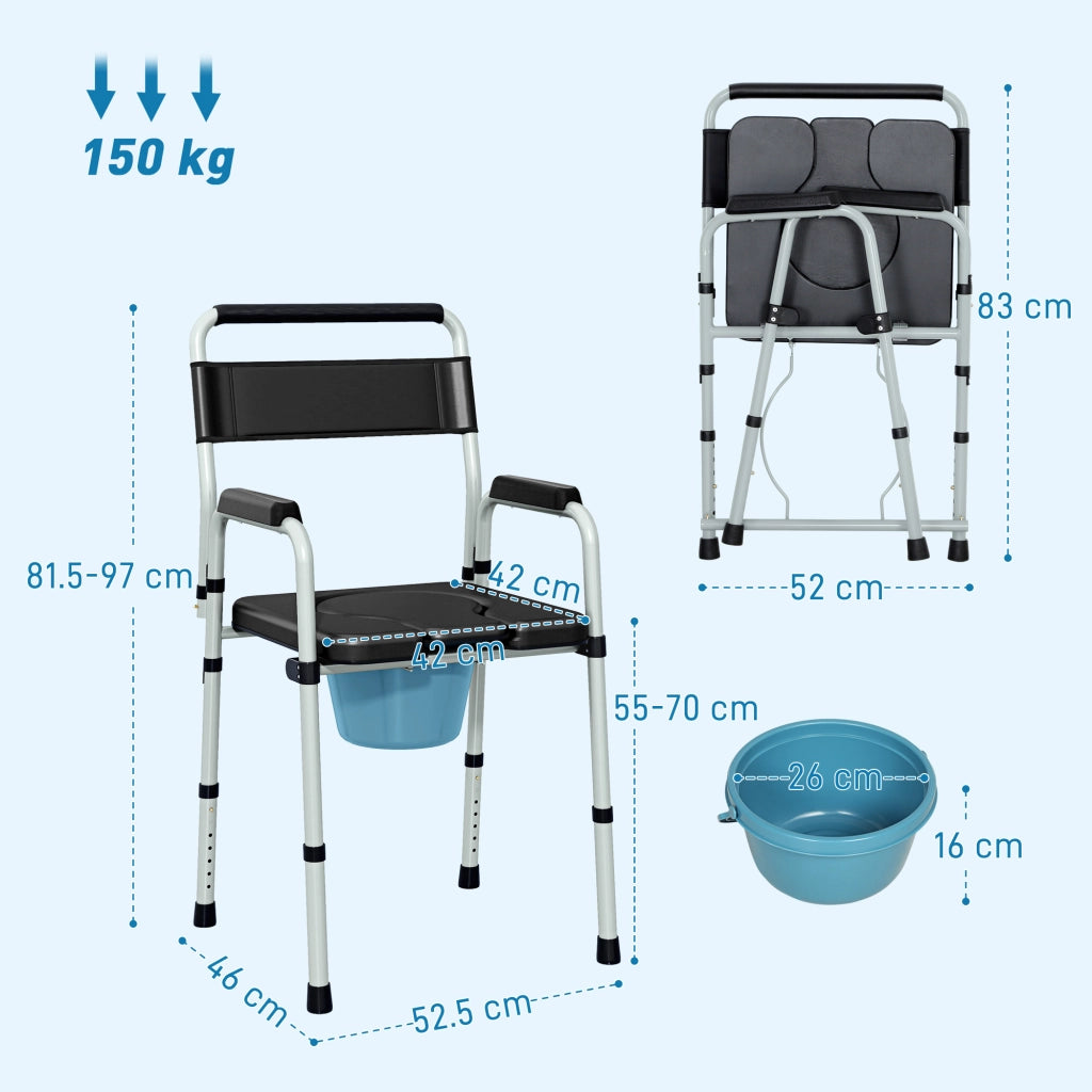 Sedia WC Pieghevole con Braccioli e Schienale ¨C Xylo ¨C Acciaio e Pelle PU Nero 52.5x46x81.5-97cm