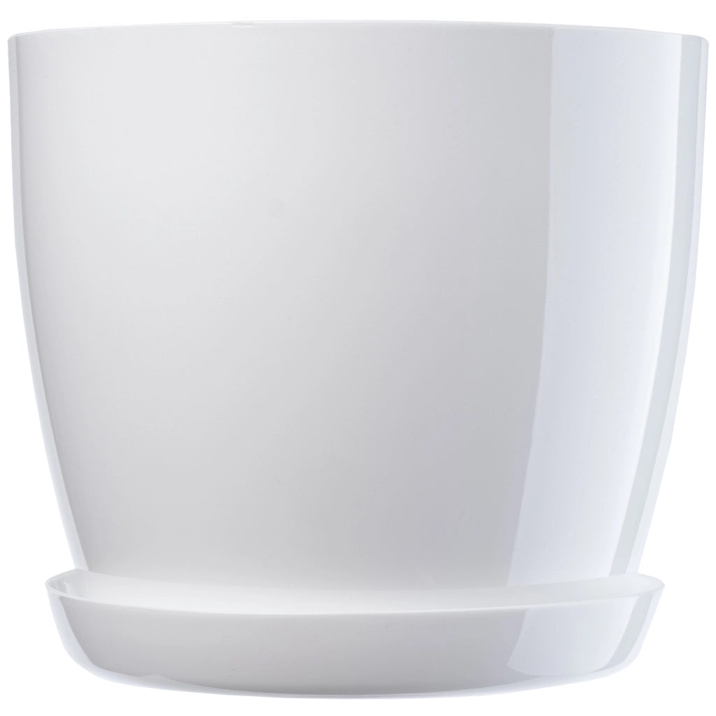 Vaso da fiori KADAX con sottovaso e coperchio in plastica, 23 cm, bianco lucido, rotondo.