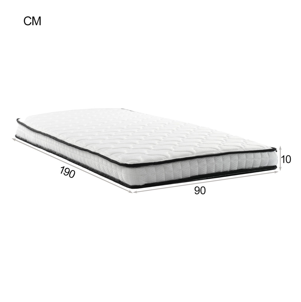 Materasso a molle 90x190 cm; spessore 10 cm; bianco; con design ergonomico e consegna arrotolata