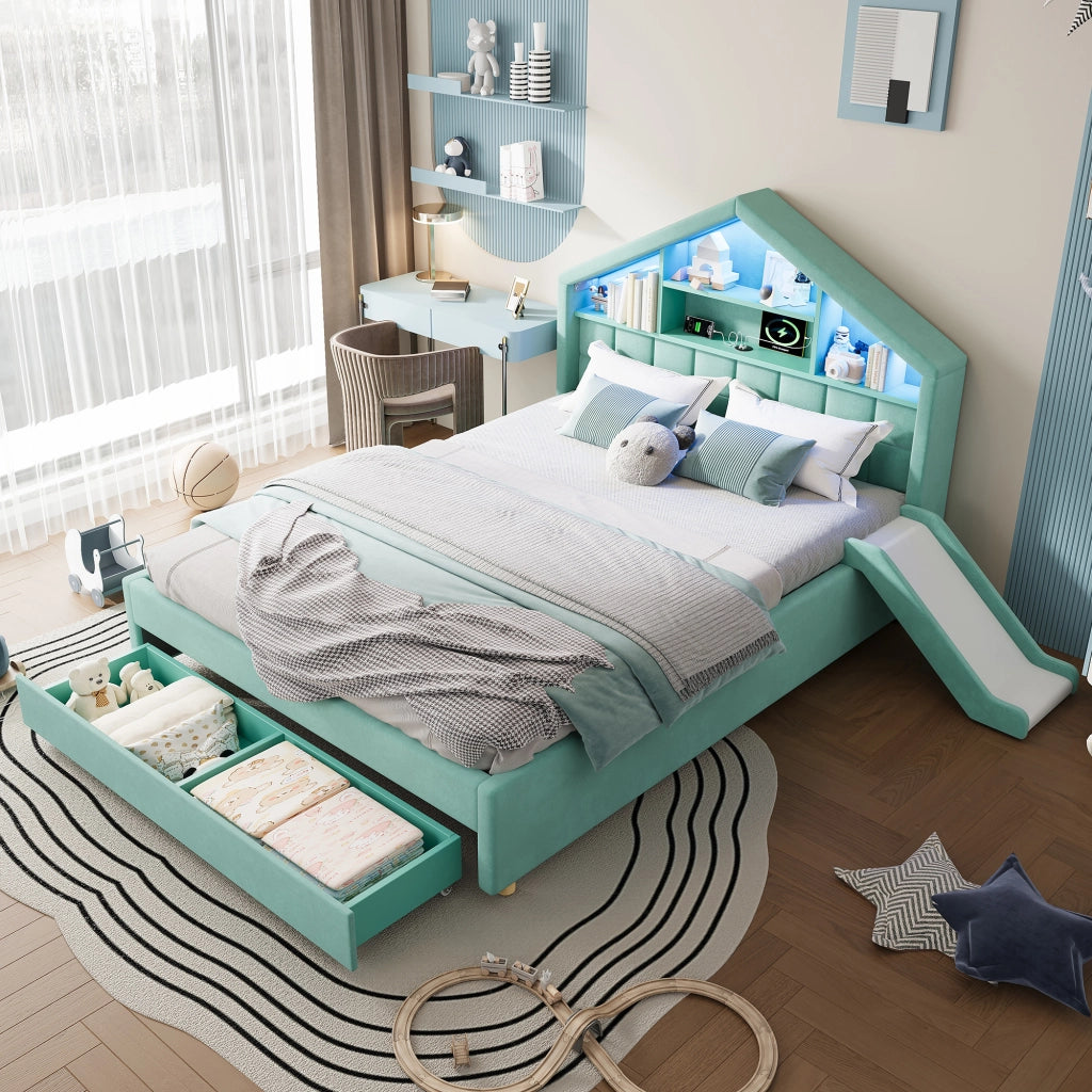 letto per bambini velluto blu verde 140x200 cm