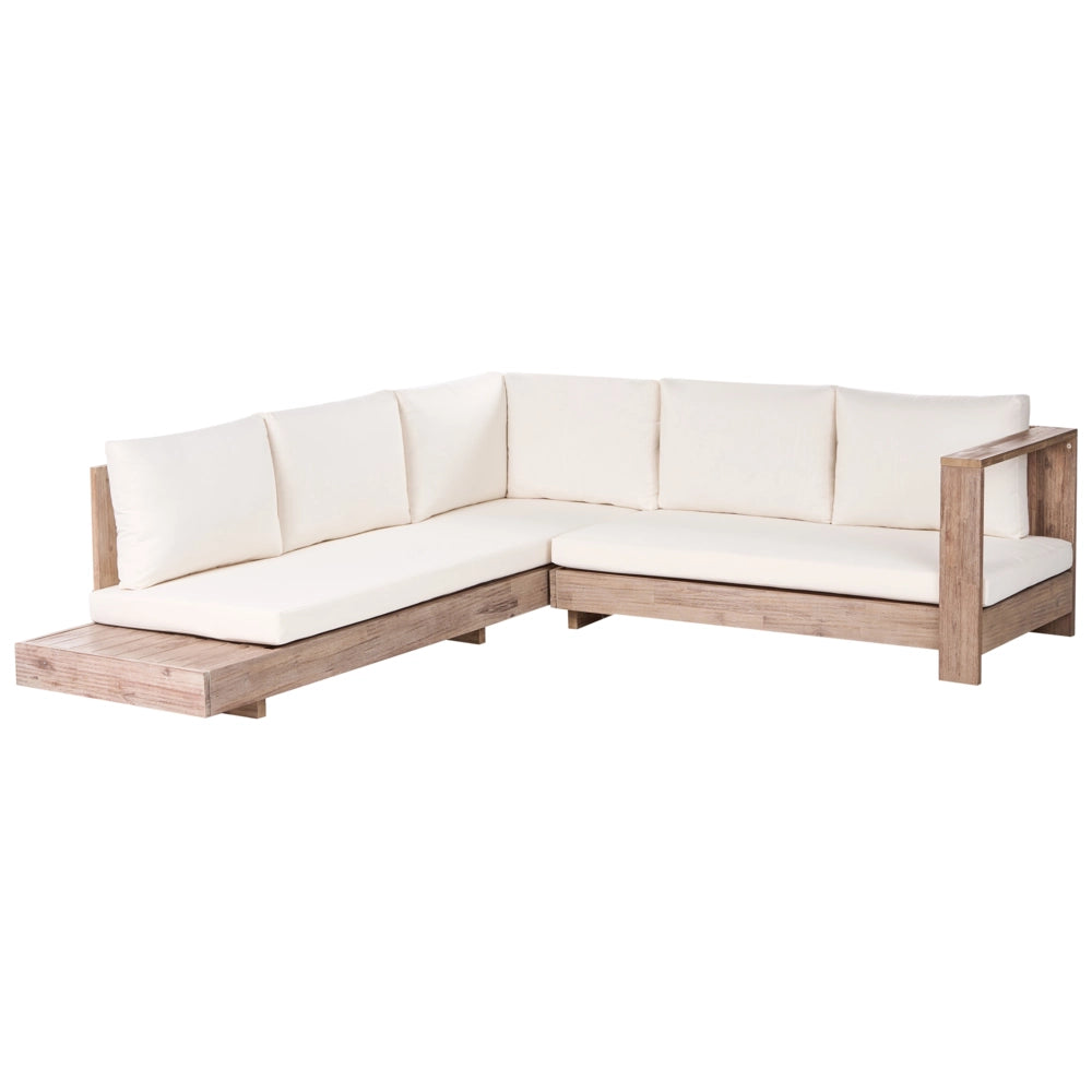 Set divano angolare da esterno in legno di acacia chiaro certificato, con cuscini bianchi set da salotto a 5 posti con disposizione a sinistra e tavolino